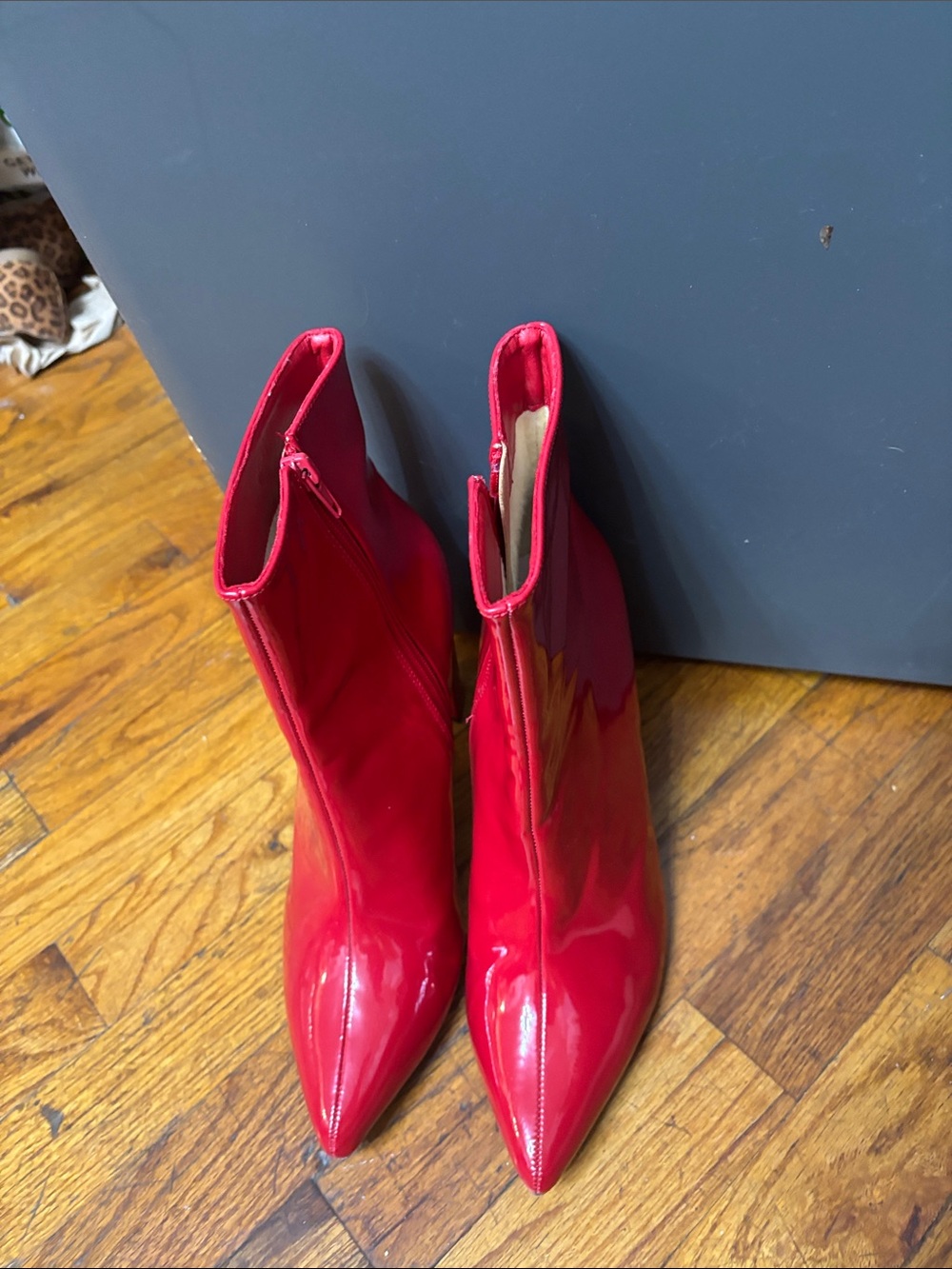 Red Patent Pointed Toe Ankle Booties with Side Zip